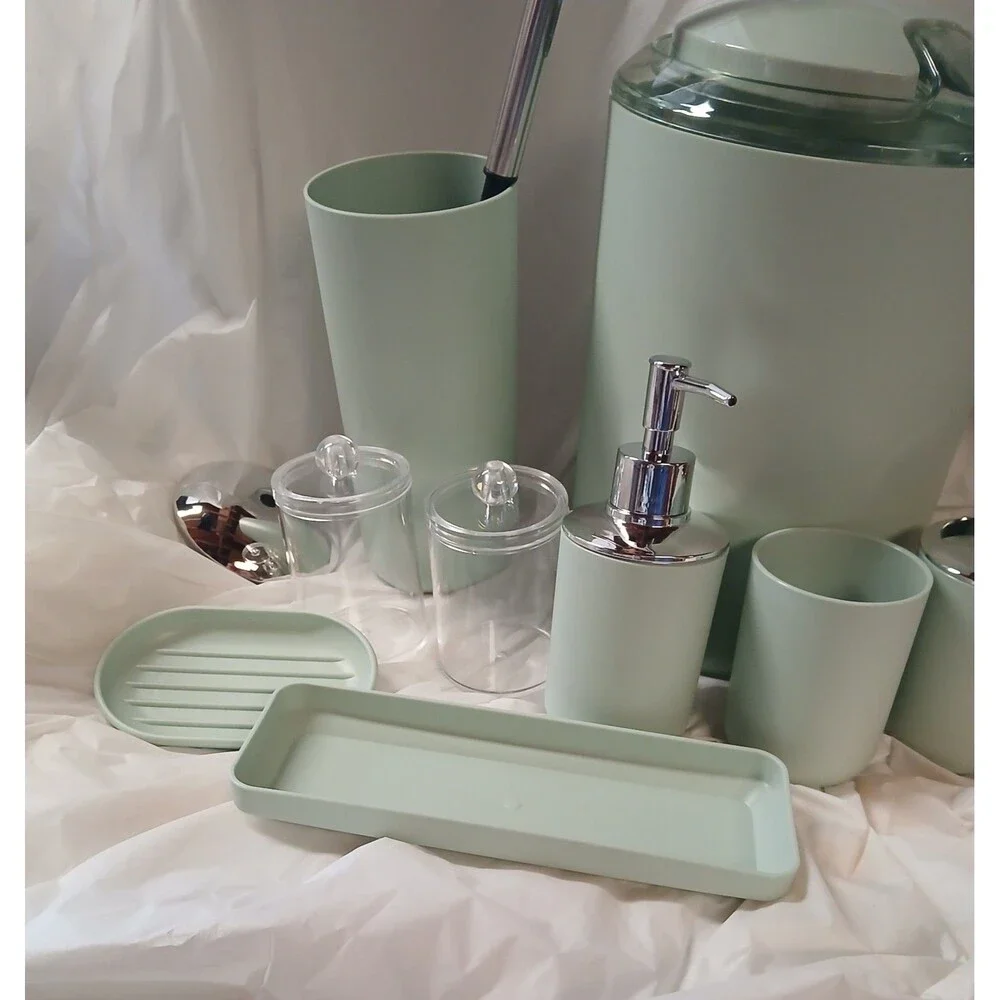 Mint Green Modern Plastic Bathroom Accessory Set 10pc w/ Soap Disp, Brush